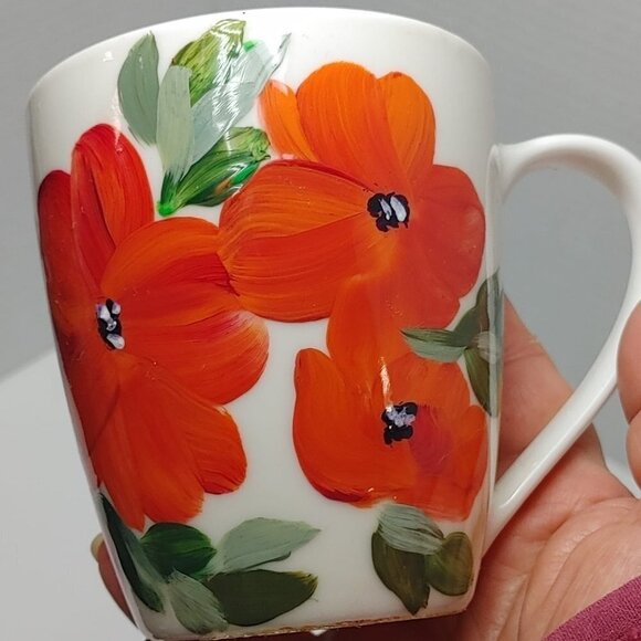 NEW Hand Painted RED Floral Mug, Coffee Tea lovers mug, pretty White Mug, Gift - Picture 6 of 6